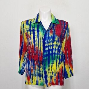 Dilemma New York 100% Silk Tie-Dye Boxy 3/4 Sleeve Button Down Shirt Size L
